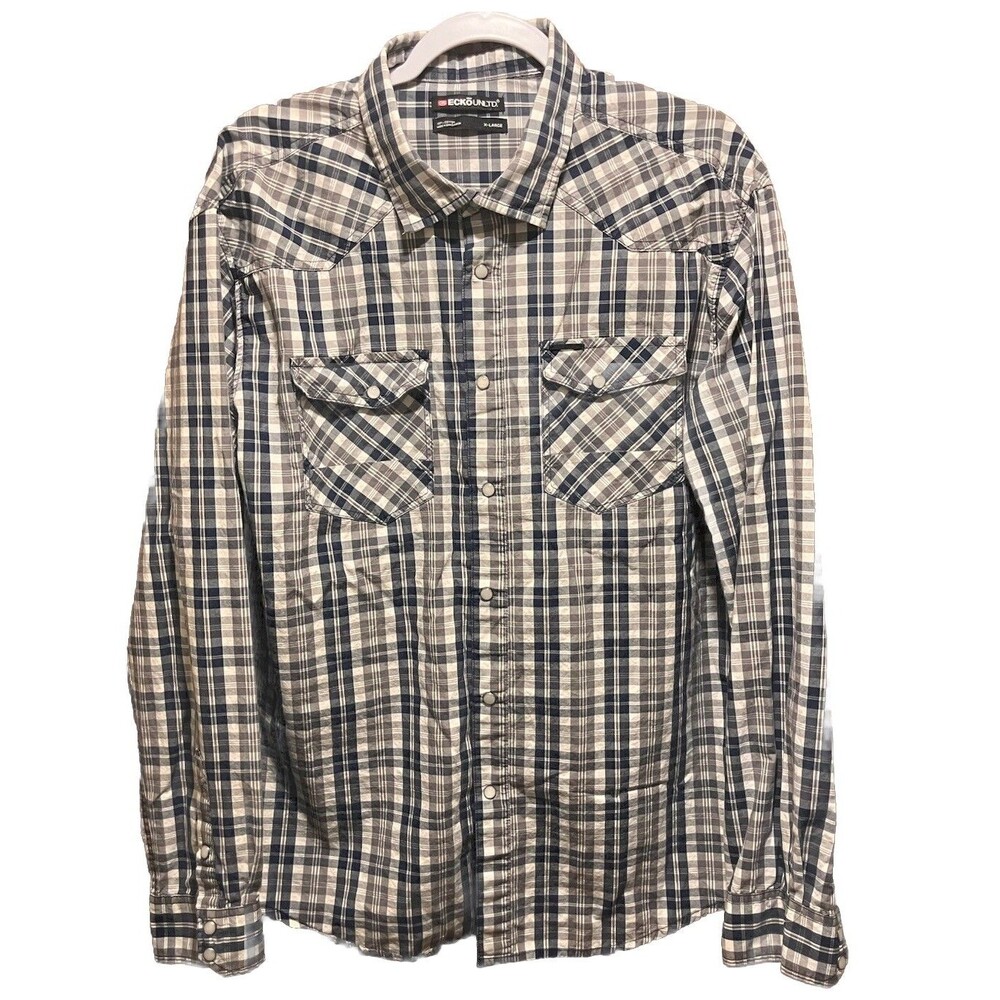 Ecko Unltd Men's XL Gray Blue Plaid Long Sleeve Button Down Shirt Streetwear